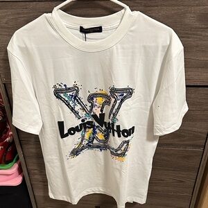Defected White T-Shirt with Multicolor Painted LV size L